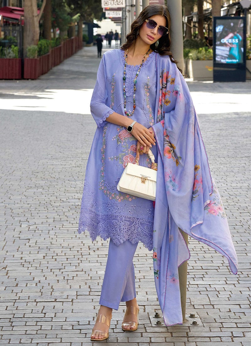 Classy Straight Pant Suit In Purple Cotton Digital Print Embroidered After Six Wear