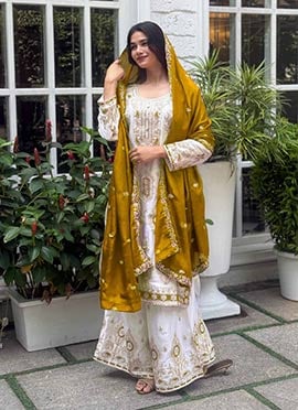 Classy White Chinon Silk Embroidered Sequins Palazzo Suit