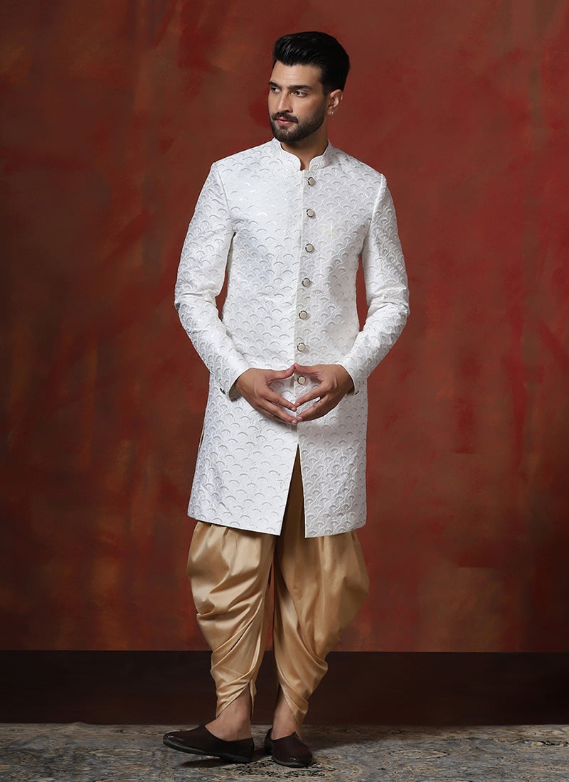 Classy White Cotton Embroidered Indowestern Sherwani Set Wedding Wear