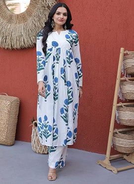 Classy White Cotton Printed Kurta Palazzo Set