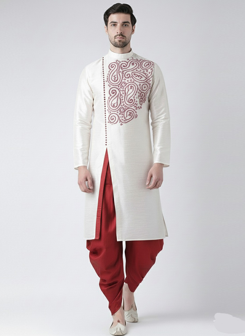 Classy White Dupion Silk Embroidered Kurta Pyjama Festive Wear