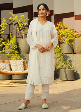 Classy White Georgette Thread Cut Dana Hand Work Straight Pant Suit