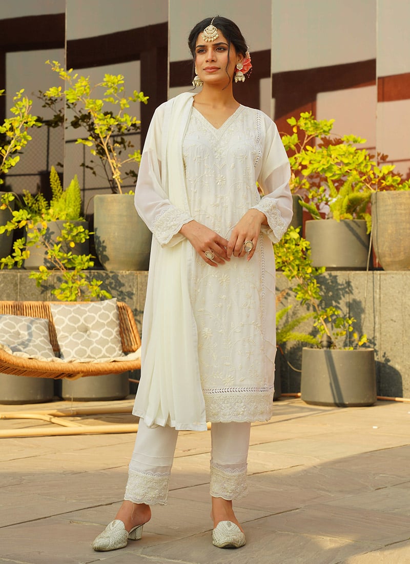 Classy White Georgette Thread Cut Dana Hand Work Straight Pant Suit Festive Wear