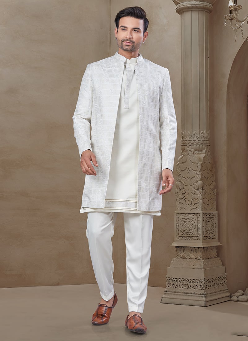 Classy White Malai Silk Embroidered Printed Bandi Set Festive Wear