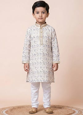 Classy White Mono Cotton Polyester Printed Kids Boys Kurta Pyjama