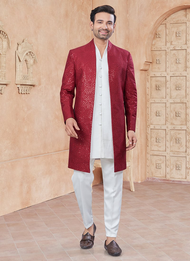 Classy White Raw Silk Embroidered Sequins Jacket Style Indowestern Sherwani   Wedding Wear