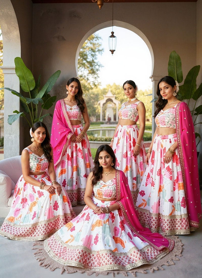 Classy White Satin Digital Print Zari With Sequins Lehenga
