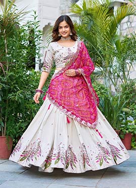 Classy White Tissue Silk Sequins Lehenga With Bandhini Print Dupatta Festive Wear