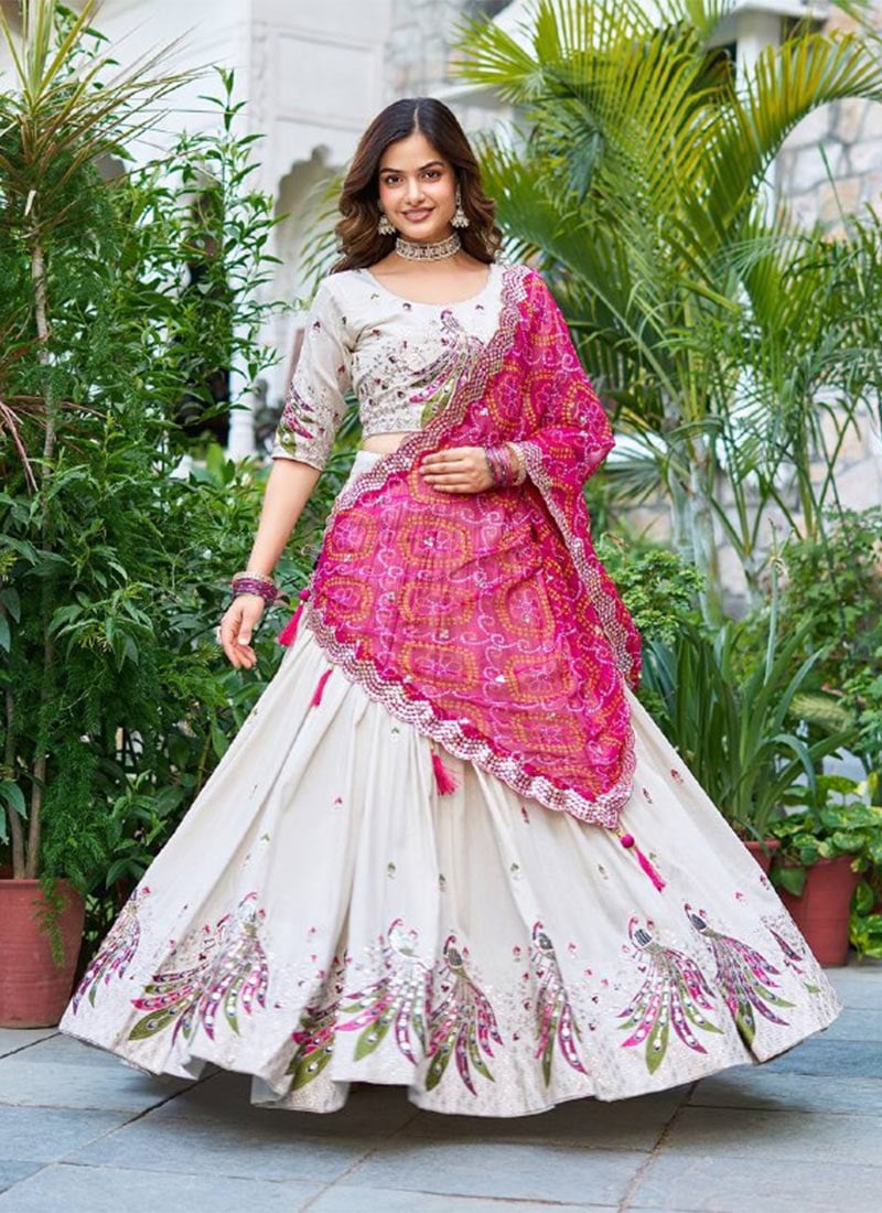 Classy White Tissue Silk Sequins Lehenga With Bandhini Print Dupatta