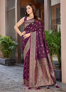 Classy Wine Banarasi Silk Jacquard Woven Saree