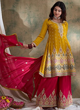 Classy Yellow Chinon Embroidered Pakistani Palazzo Suit