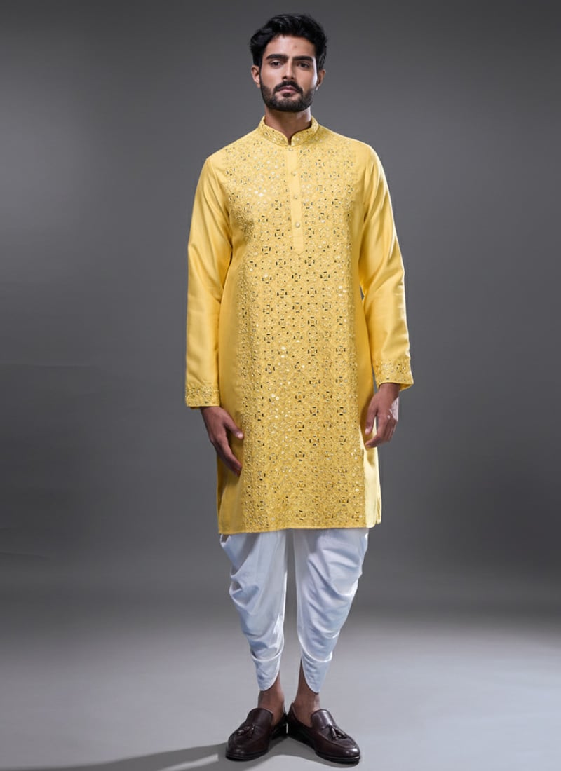 Classy Yellow Silk Embroidered Kurta Pyjama Festive Wear