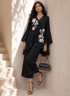 Co ord Set Black Embroidered Crepe