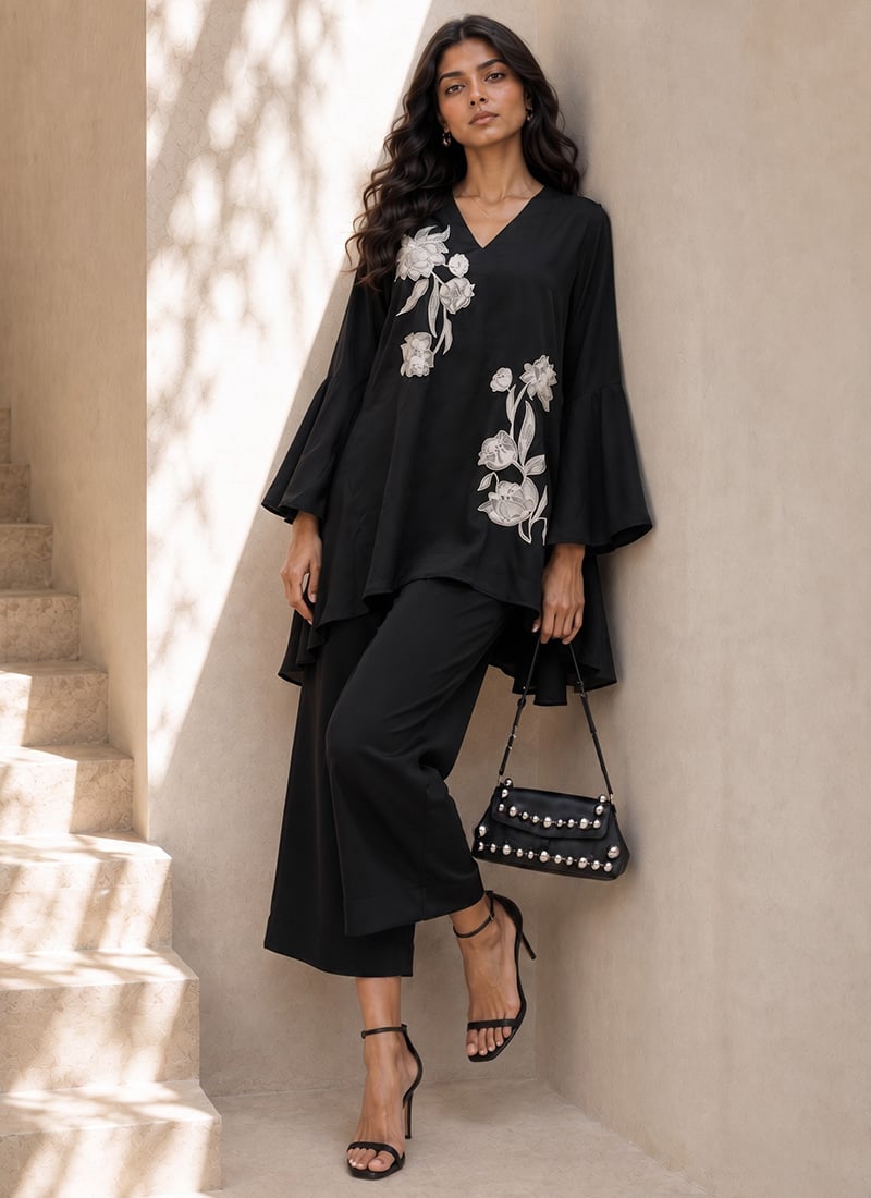 Co ord Set Black Embroidered Crepe Work Wear