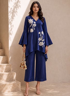 Co ord Set Blue Embroidered Crepe