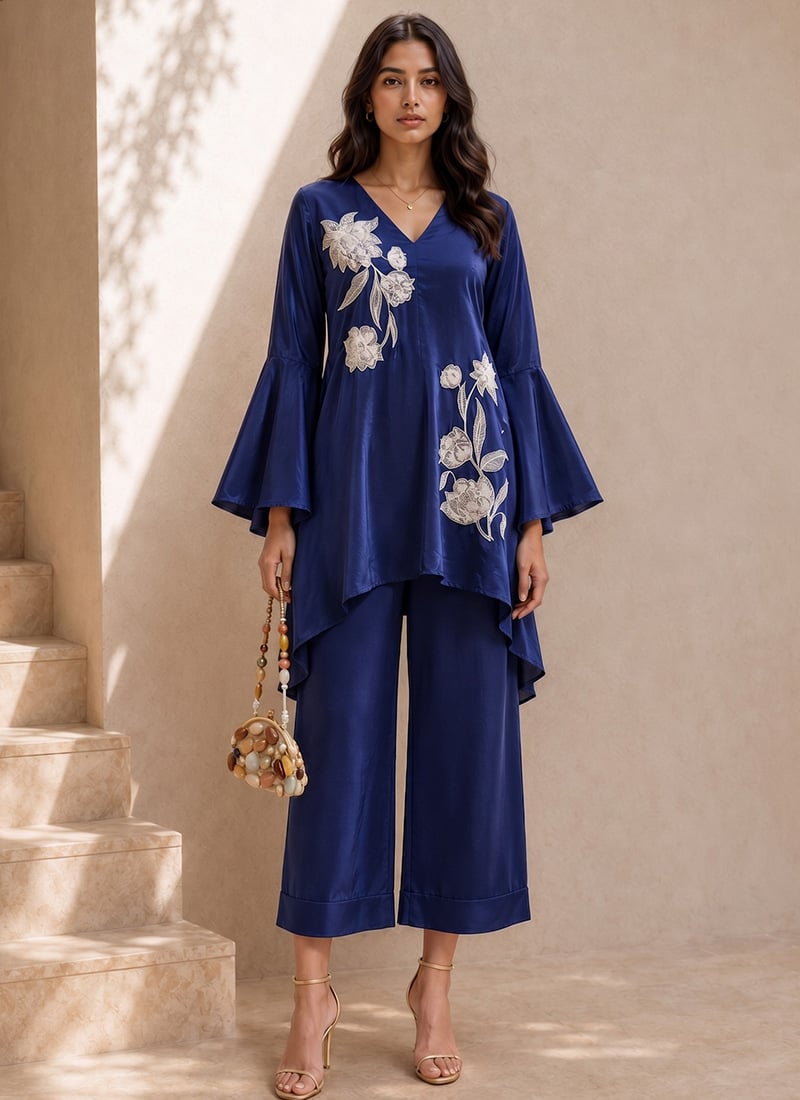 Co ord Set Blue Embroidered Crepe Work Wear
