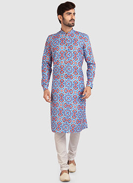 Cobalt Blue Cotton Printed Kurta Pyjama