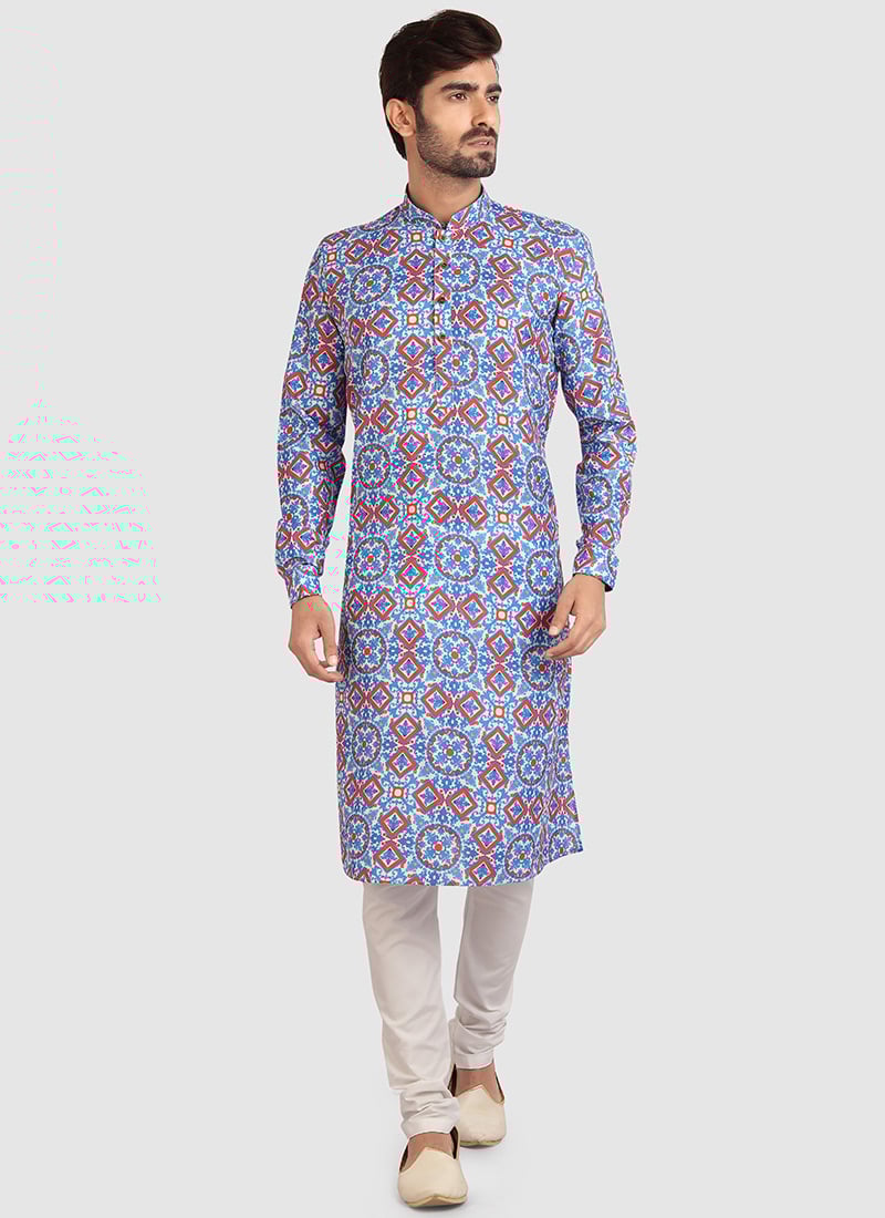 Cobalt Blue Cotton Printed Kurta Pyjama