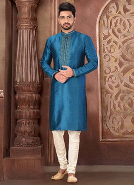 Cobalt Blue Royal Silk Mulberry Embroidered Kurta Pyjama