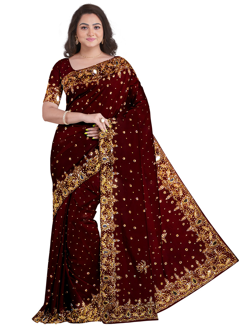 Coffee Brown Georgette Hand Work Saree Festive Wear