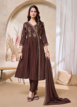 Coffee Brown Vichitra Silk Embroidered Sequins Anarkali Suit