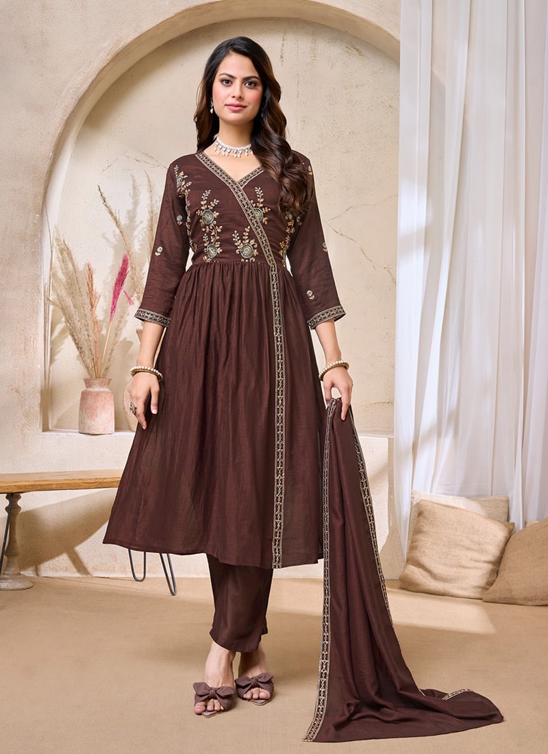 Coffee Brown Vichitra Silk Embroidered Sequins Anarkali Suit After Six Wear