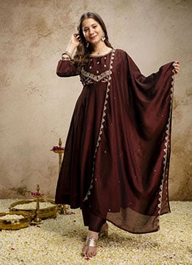 Coffee Brown Vichitra Silk Embroidered Straight Pant Suit