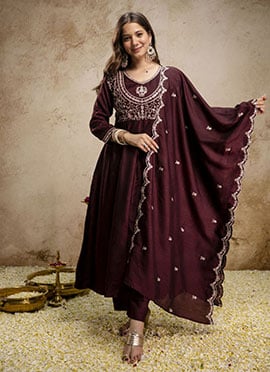 Coffee Brown Vichitra Silk Embroidered Straight Pant Suit