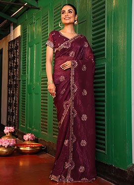 Coffee Chiffon Embroidered Saree