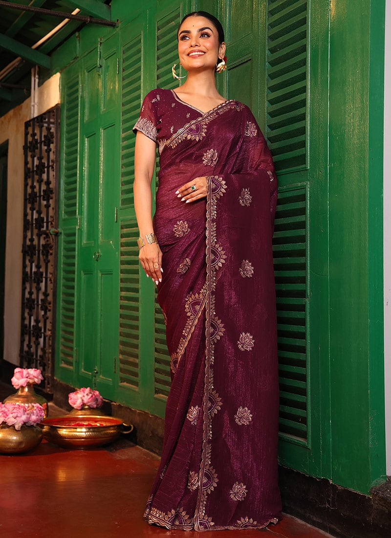 Coffee Chiffon Embroidered Saree Festive Wear