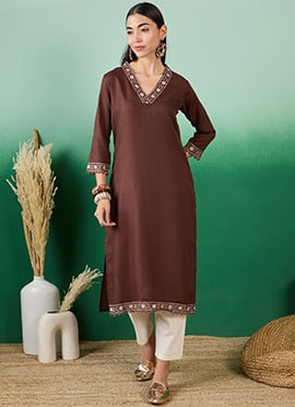 Coffee Cotton Thread Work Long Kurti