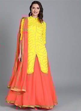 Collar Neck Yellow Embroidered Long Choli Lehenga