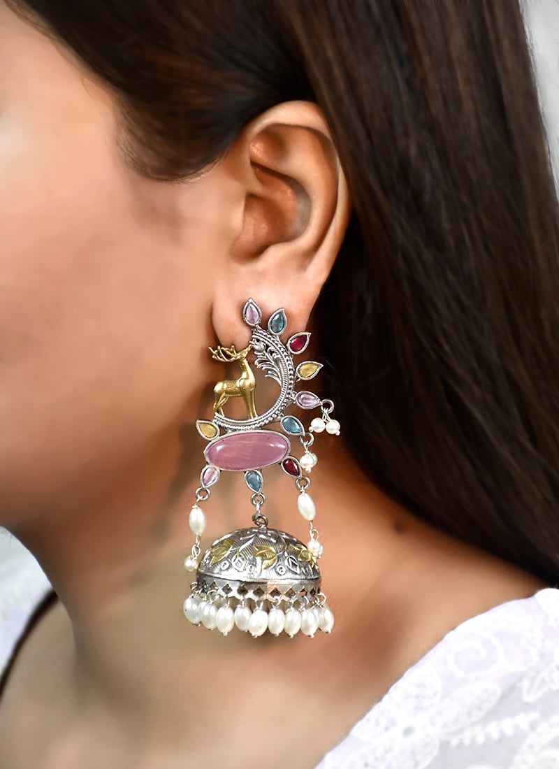 Colorful Multicolored Kundan Beads Oxidised Jhumka Festive Wear