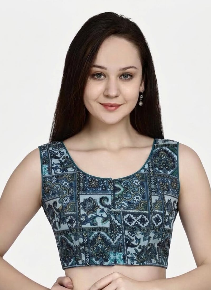 Contemporary Blue Cotton Printed Blouse   After Six Wear