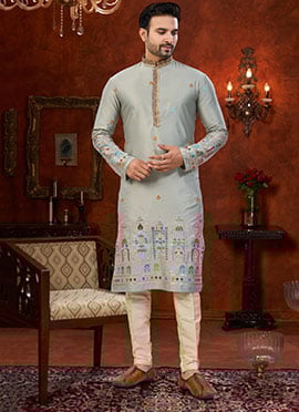 Contemporary Grey Malai Silk Embroidered Sequins Thread Kurta Pyjama