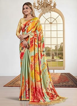 Contemporary Multicolored Silk Crepe Digital Print Saree