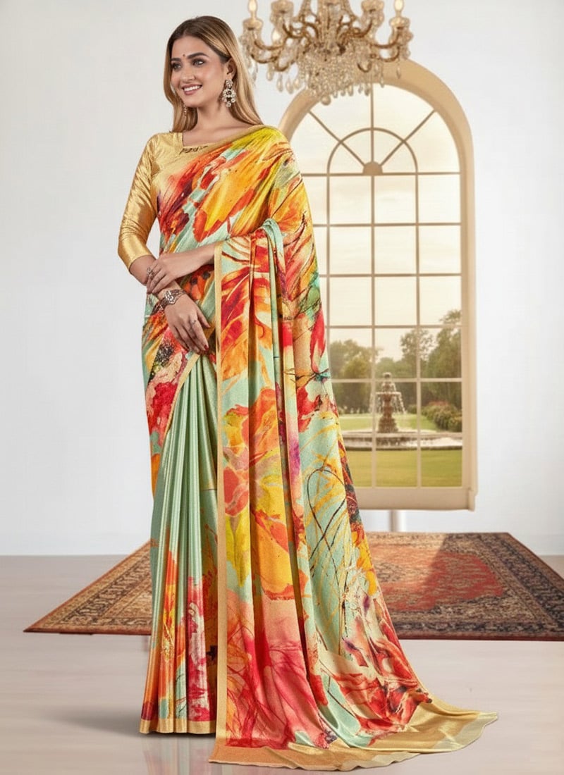 Contemporary Multicolored Silk Crepe Digital Print Saree After Six Wear