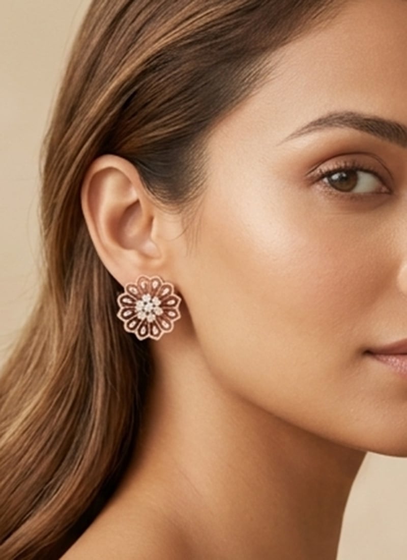 Contemporary Rose Gold 925 Sterling Silver Moissanite Stone Stud Earrings Wedding Wear