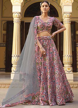 Contemporary Silk Floral Print Umbrella Lehenga