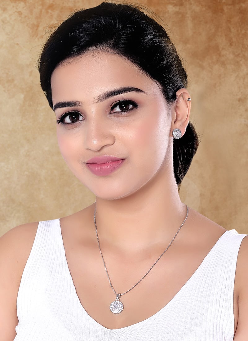 Contemporary Silver American Diamond Stone Pendant Set Festive Wear