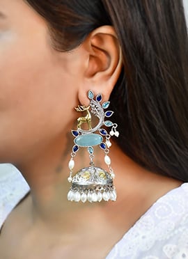 Cool Blue Kundan Beads Oxidised Jhumka