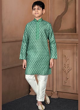 Cool Green Cotton Printed Kids Boys Kurta Pyjama