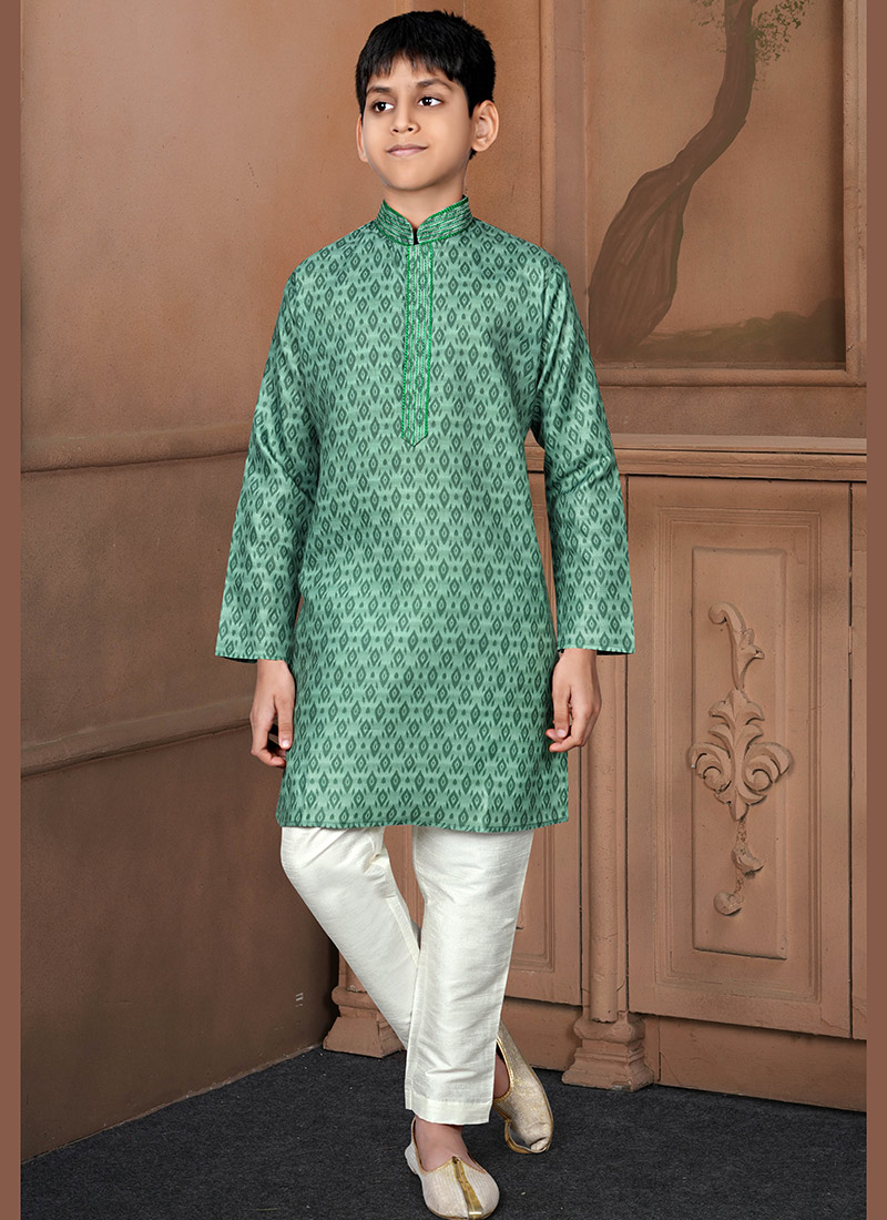Cool Green Cotton Printed Kids Boys Kurta Pyjama Festive Wear