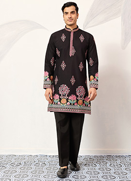 Cool Grey Viscose Silk Embroidered Sequins Thread Kurta