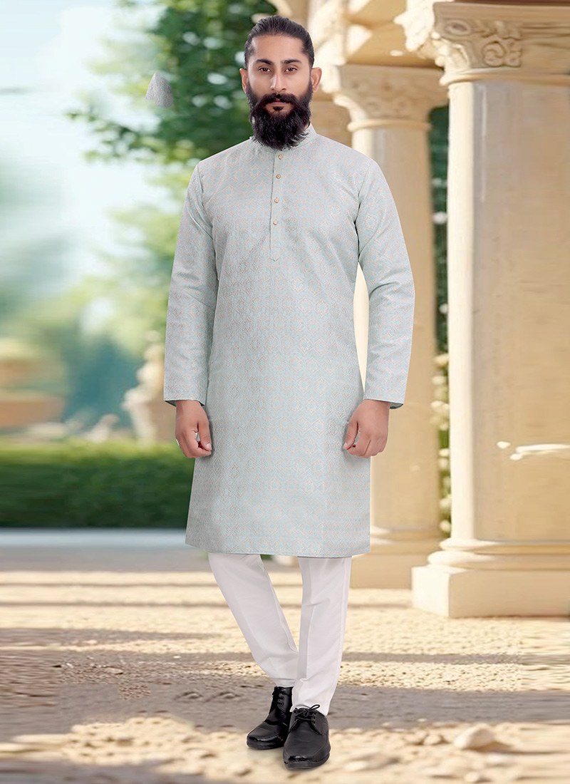 Cool Mint Blue Jacquard Silk Kurta Pyjama Festive Wear