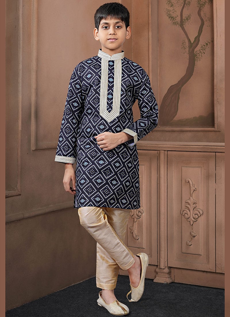 Cool Navy Blue Cotton Printed Kids Boys Kurta Pyjama Festive Wear