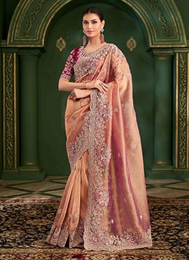 Copper Peach Georgette Zari Embroidered Sequins Saree