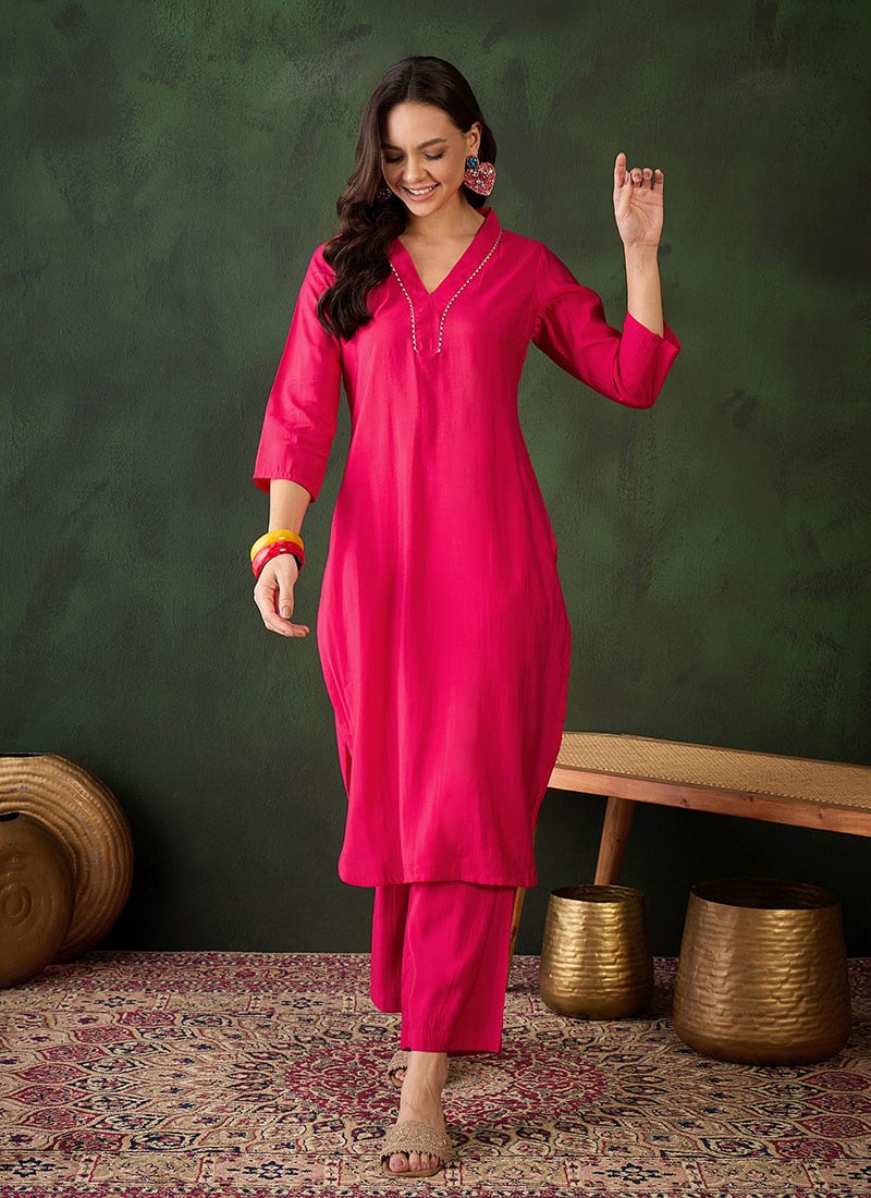 Coral Chanderi Silk Kurta Straight Pant Suit After Six Wear