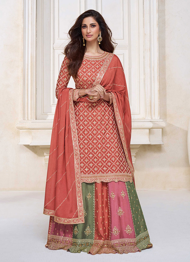 Coral Chinon Embroidered Umbrella Lehenga Party Wear