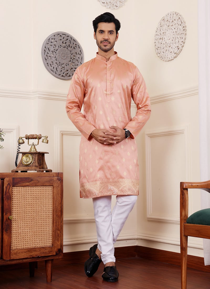 Coral Orange Viscose Jacquard Kurta
